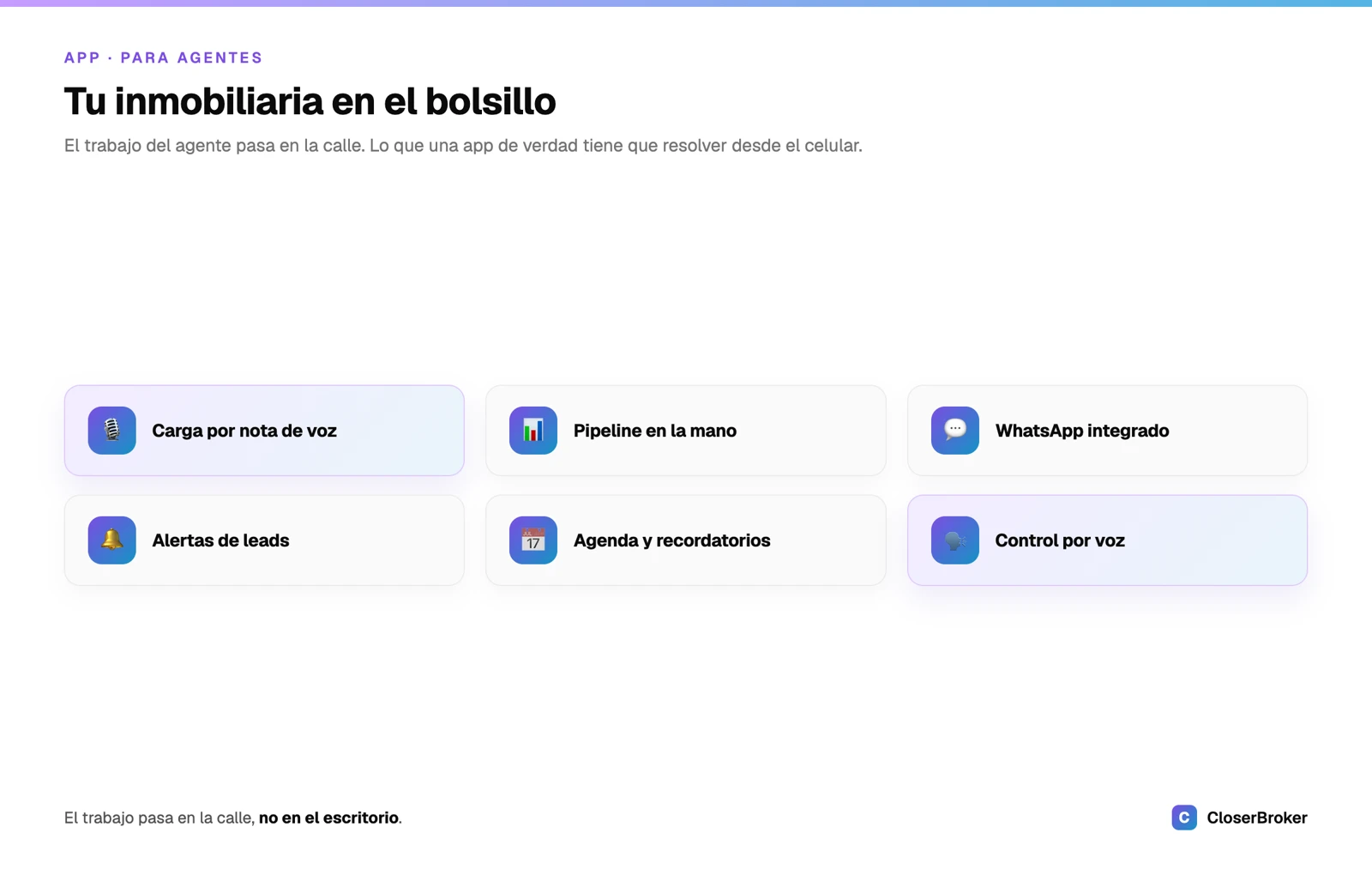 Lo que una app para asesores inmobiliarios debe tener: cargar propiedades desde el celular, pipeline en la mano, WhatsApp, notificaciones al instante y control por voz