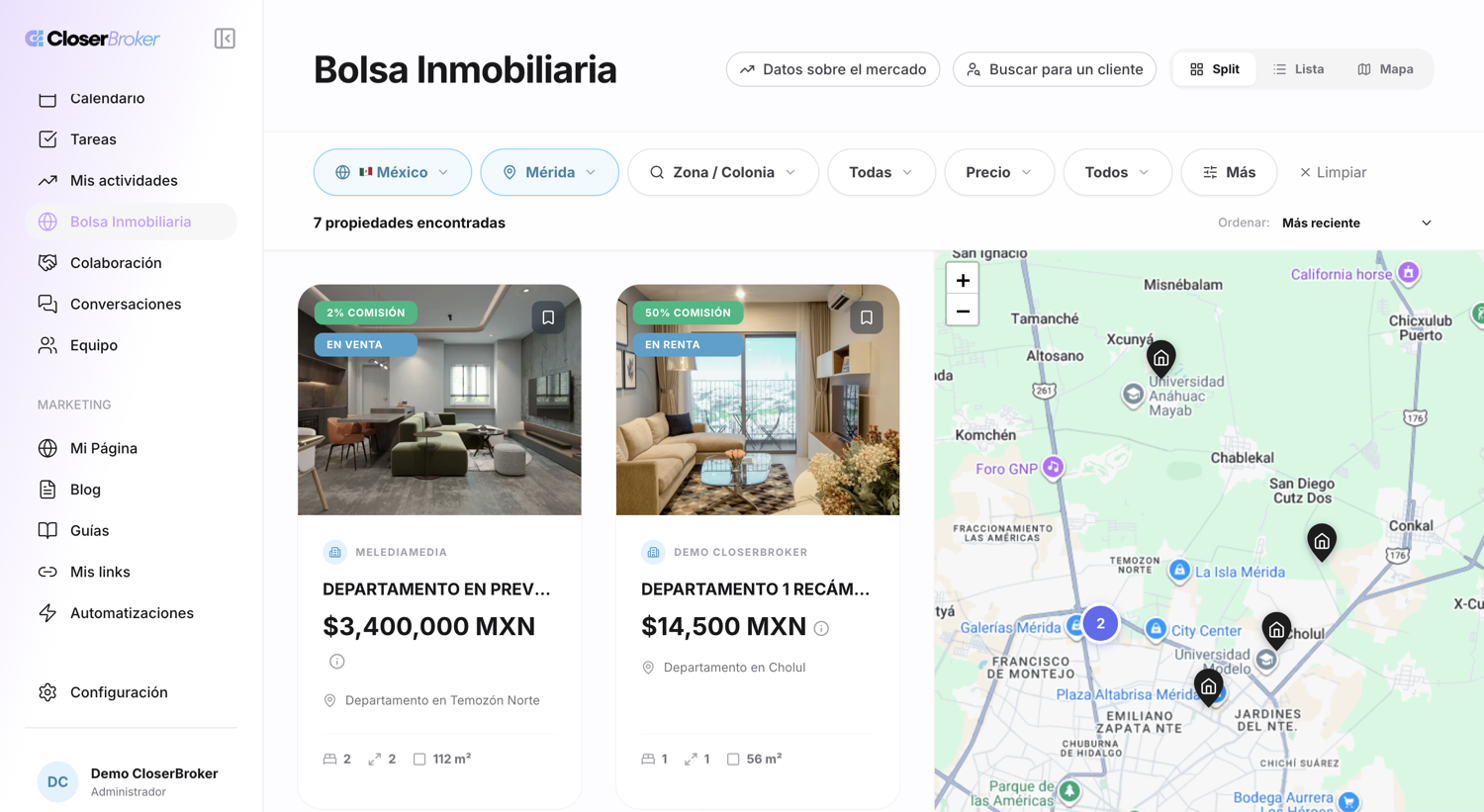 Vista de la Bolsa Inmobiliaria de CloserBroker, con propiedades compartidas entre agencias y mapa de búsqueda integrado