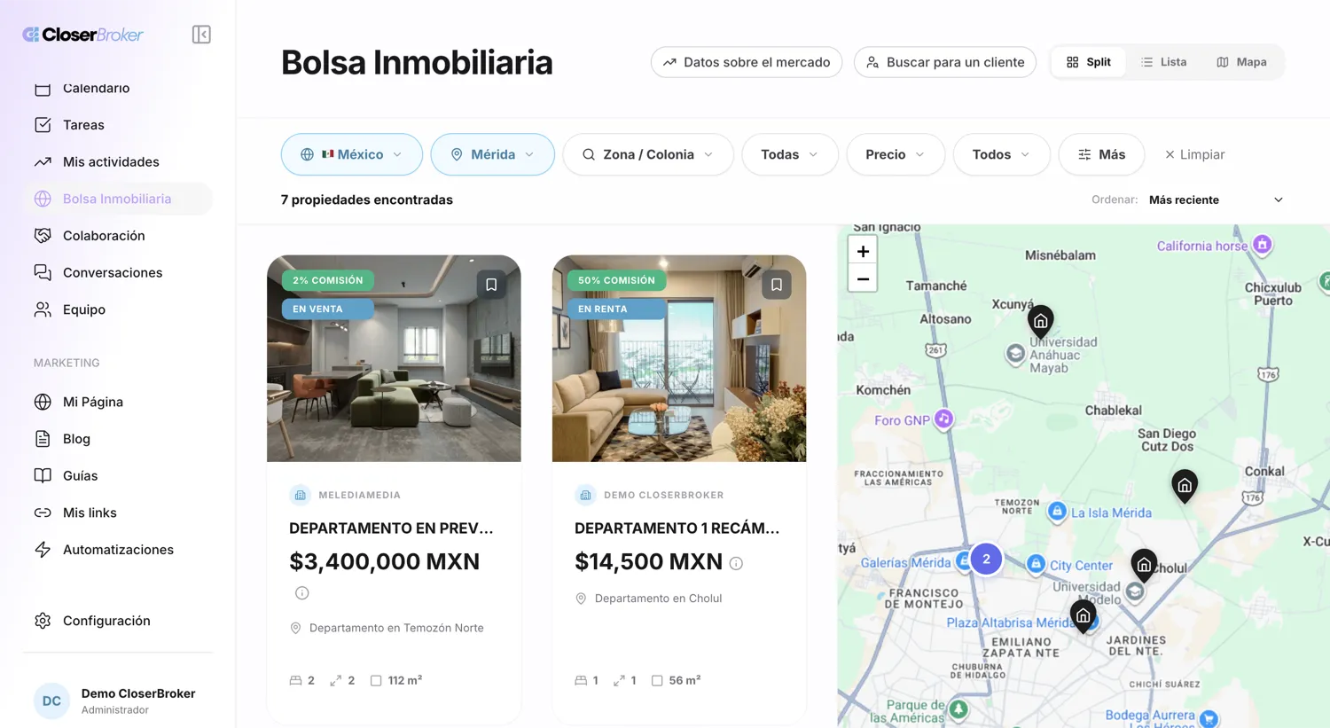 Vista de la Bolsa Inmobiliaria de CloserBroker, con propiedades compartidas entre agencias y mapa de búsqueda integrado