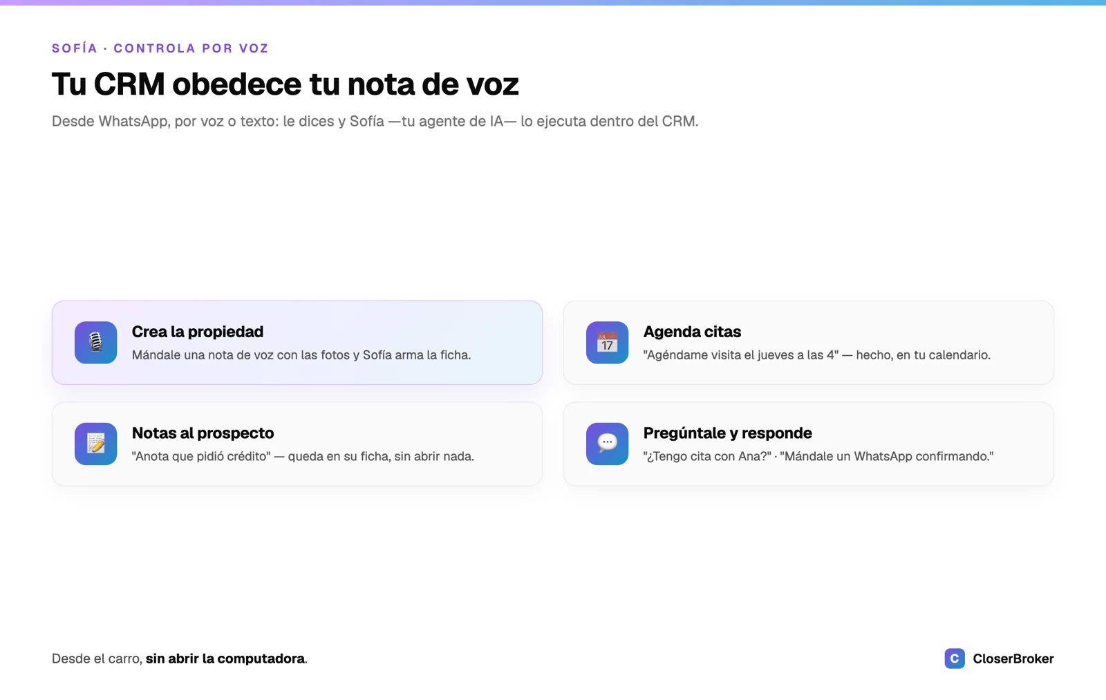 Controlar tu CRM por voz desde WhatsApp con Sofía: crear propiedades, agendar citas, agregar notas y consultar tu agenda con una nota de voz