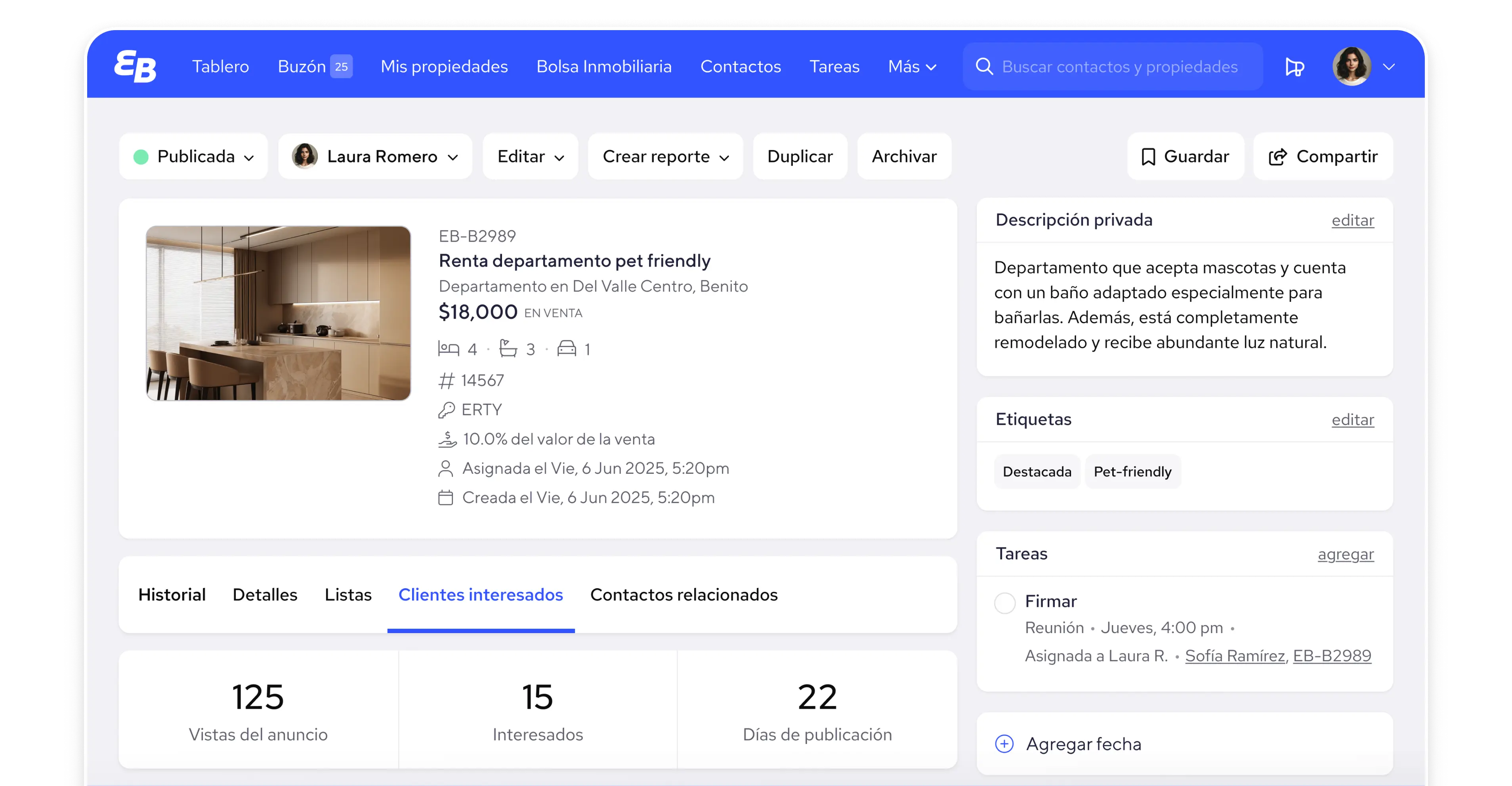 Interfaz de gestión de una propiedad publicada en EasyBroker, con detalles de listado, vistas y prospectos interesados