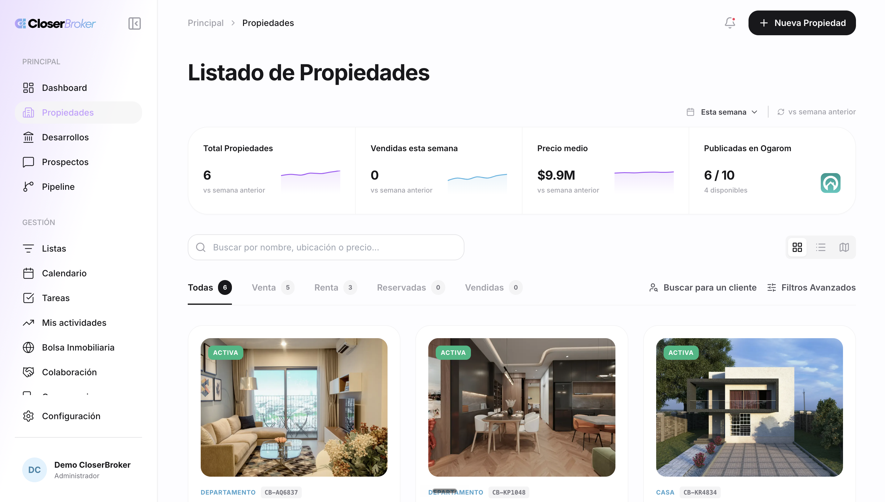 Listado de propiedades de CloserBroker con cruce automático contra prospectos activos según zona, presupuesto y tipo de inmueble