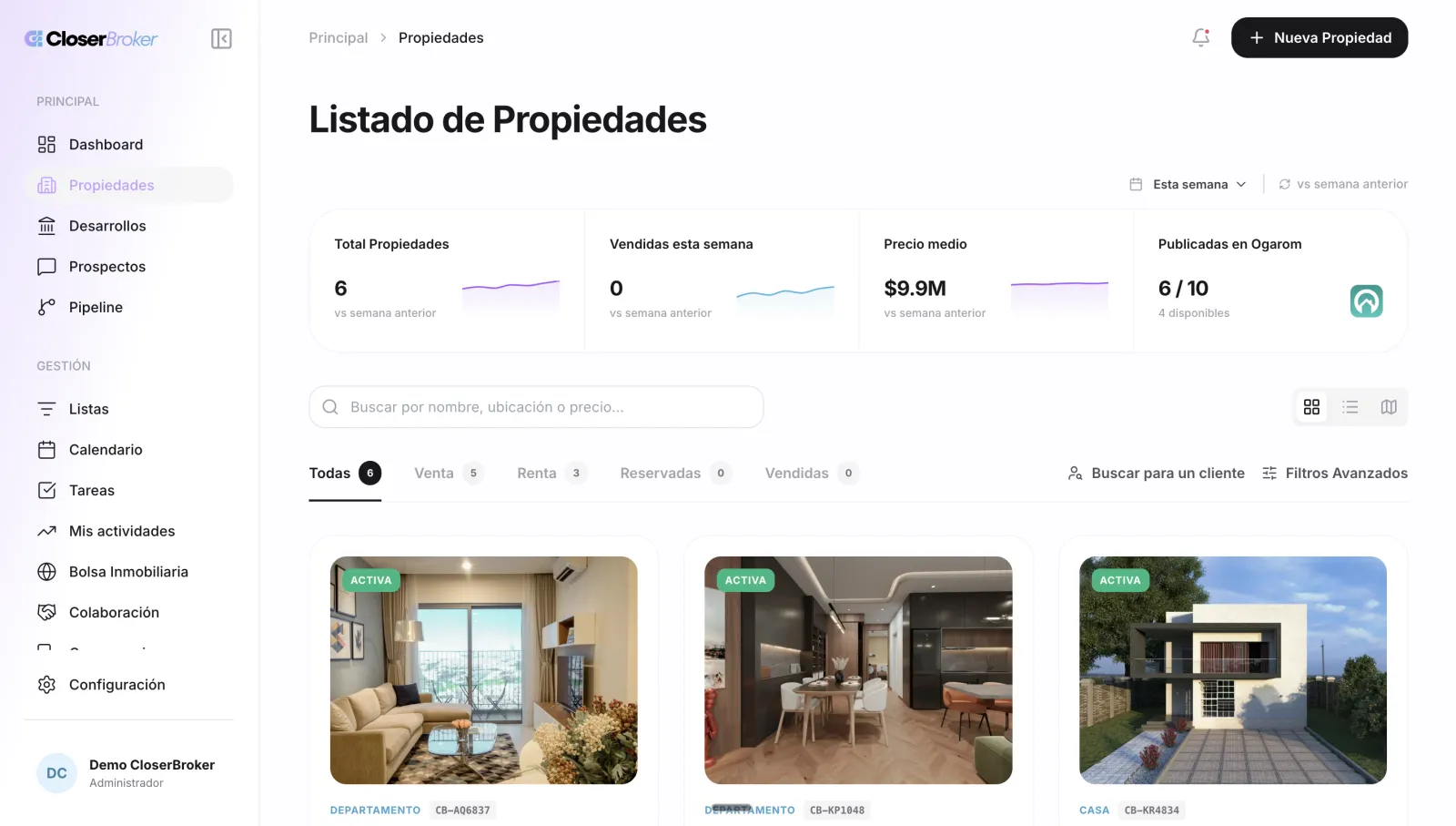Listado de propiedades en CloserBroker con métricas (total propiedades, vendidas, precio medio) y publicación automática en Ogarom