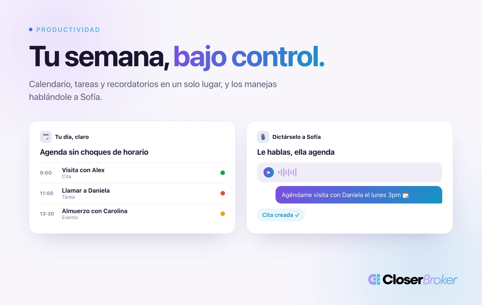 Agenda y recordatorios automáticos de CloserBroker en el celular de un asesor inmobiliario