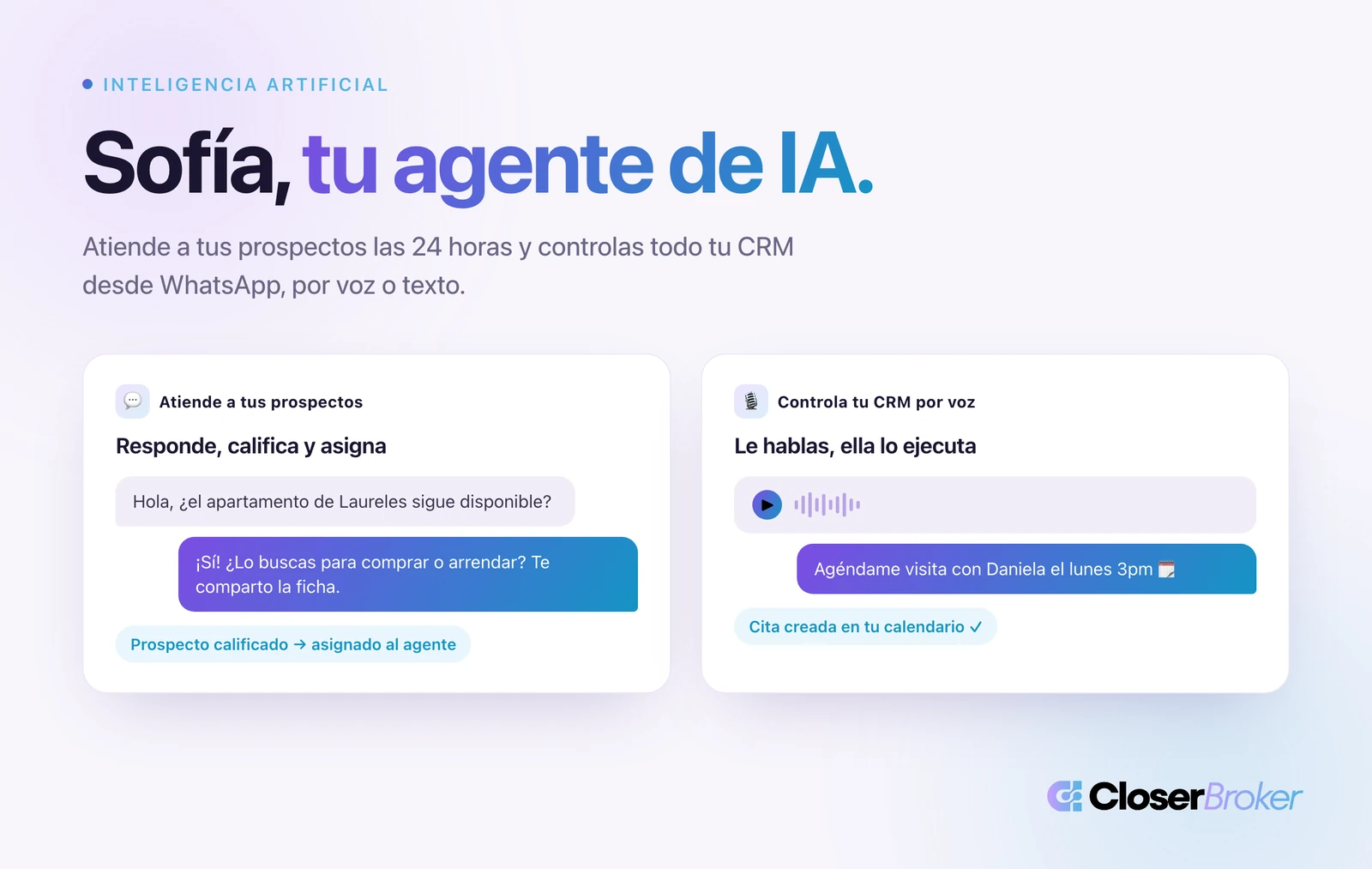 Sofía, el agente de inteligencia artificial de CloserBroker, atendiendo prospectos por WhatsApp