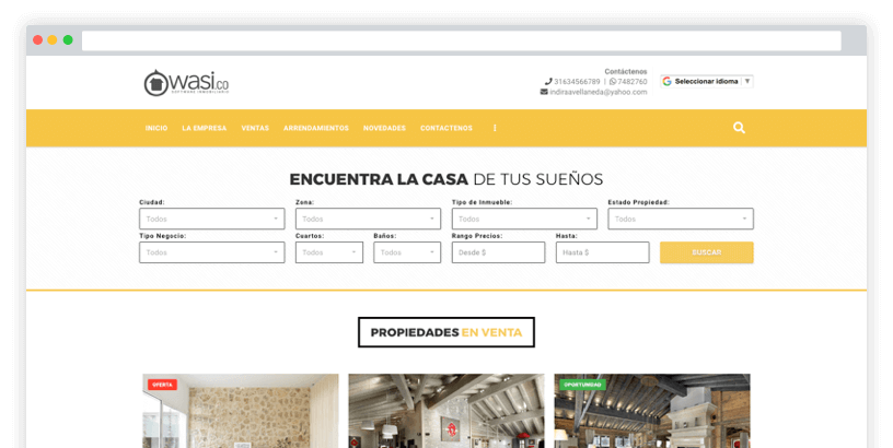 Plantilla Wasi — variante amarilla con búsqueda horizontal