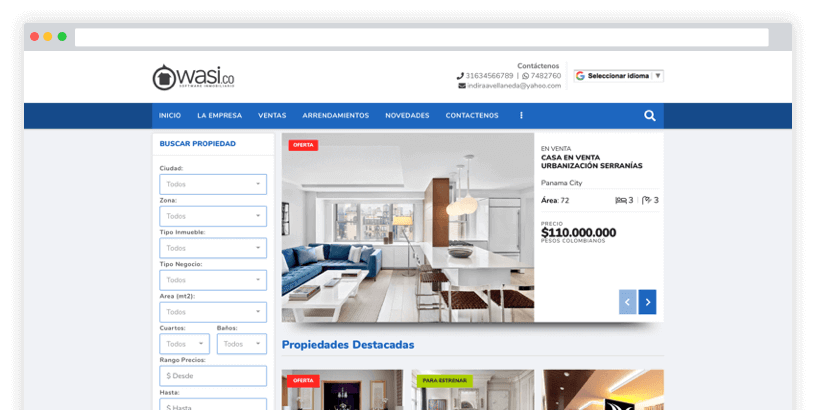 Plantilla Wasi — variante azul con sidebar de búsqueda