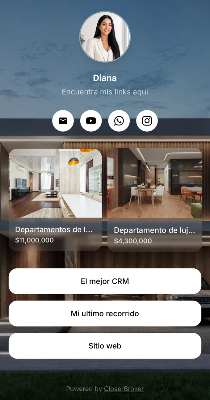 Ejemplo de Mis Links, el link-in-bio inmobiliario de CloserBroker: foto del agente, redes, propiedades destacadas y enlaces