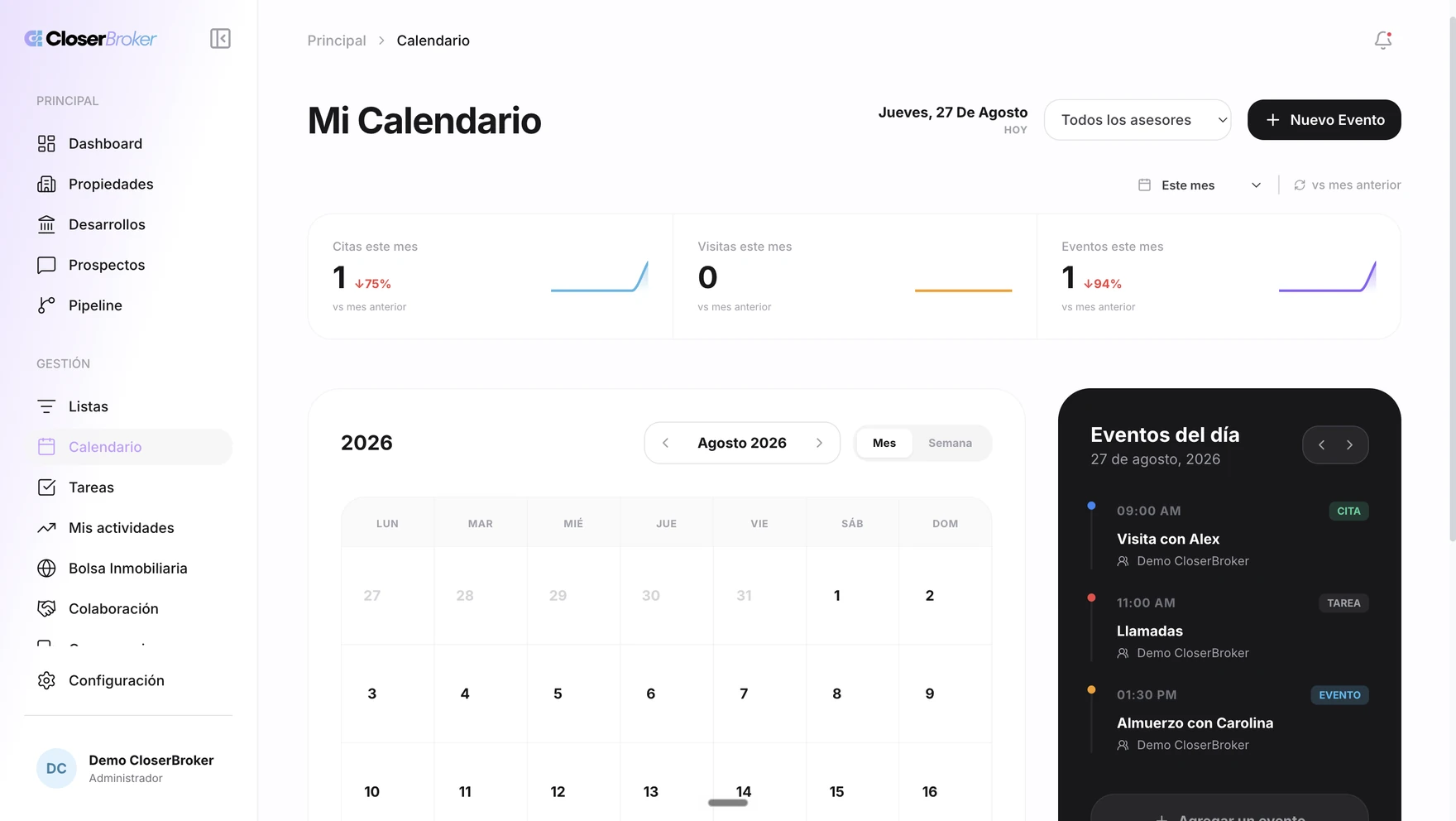 Vista del calendario de citas, visitas y eventos en CloserBroker