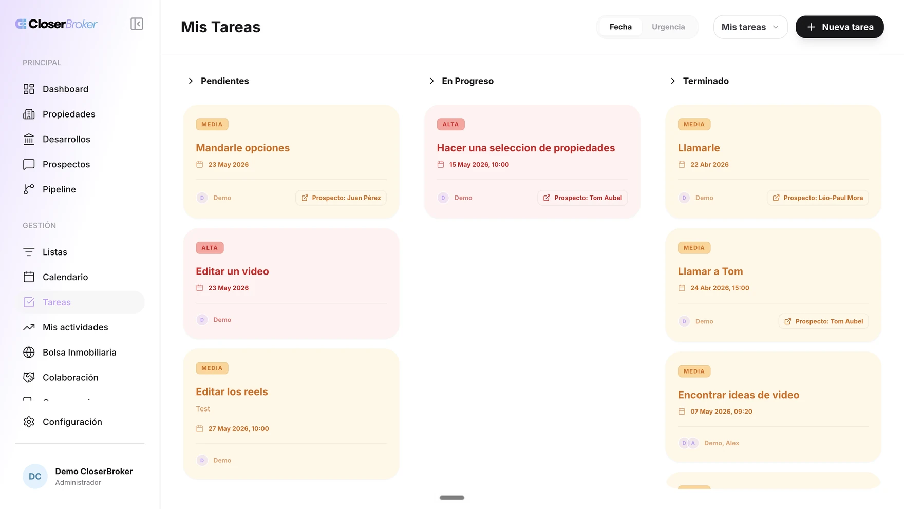 Tablero de tareas pendientes, en progreso y terminadas en CloserBroker