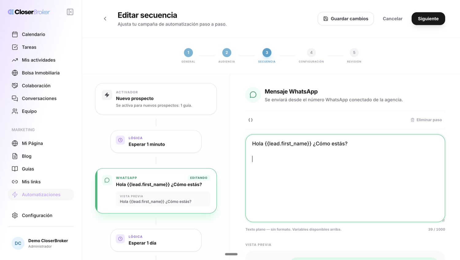 Editor de secuencia de automatización en CloserBroker — workflow paso a paso con WhatsApp, lógica de espera y variables personalizables como el nombre del prospecto