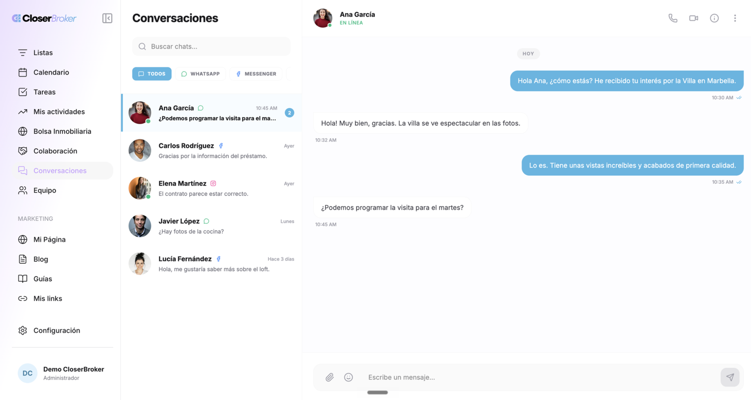 Conversaciones de WhatsApp integradas dentro del CRM CloserBroker, con historial completo de cada prospecto al lado del chat