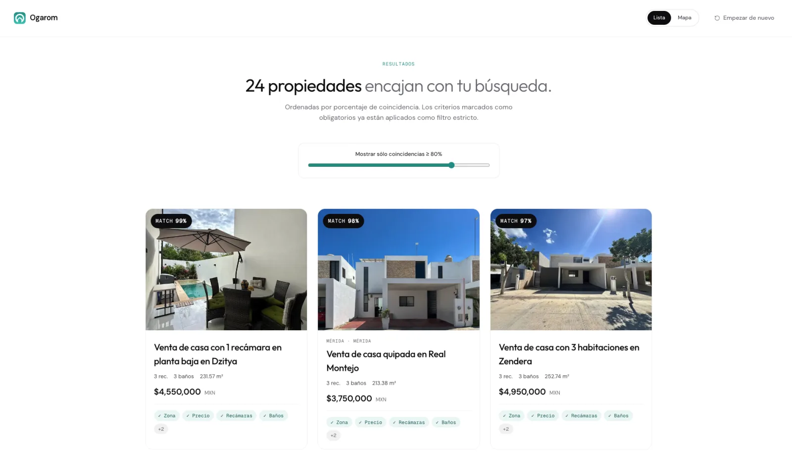Resultados de búsqueda en Ogarom con porcentaje de coincidencia por propiedad